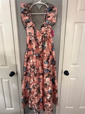 Buddy Love Pink Floral Midi Dress with Blue Rose Print
